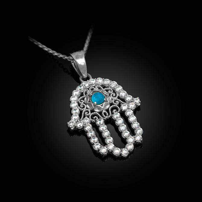 Sterling Silver Filigree Hamsa Turquoise CZ Charm Necklace
