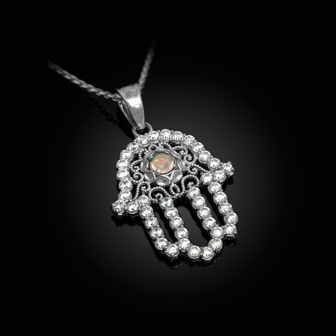 Sterling Silver Filigree Hamsa White Opal CZ Charm Necklace