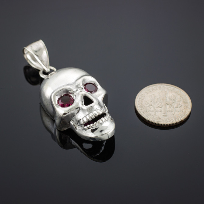 Polished Silver Skull Red CZ Pendant