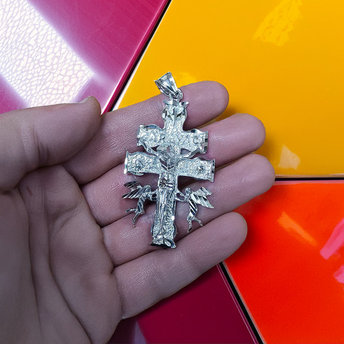 Silver Caravaca Double Cross with Angels Crucifix Pendant