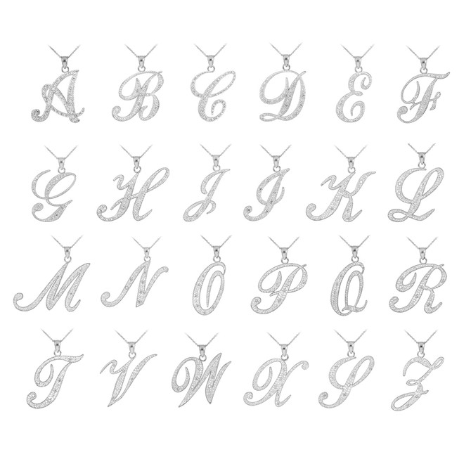 Sterling Silver Cursive CZ Letter Initial Pendant Necklace