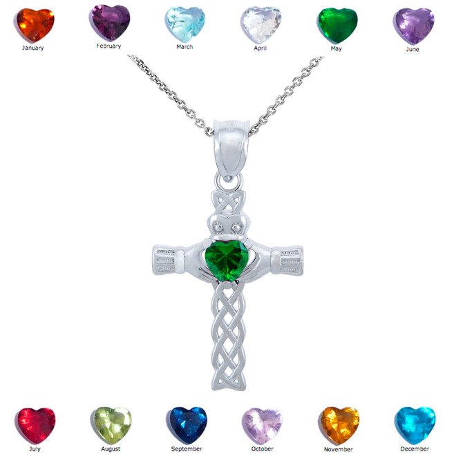 Sterling Silver Claddagh Celtic Cross CZ Birthstone Pendant Necklace
