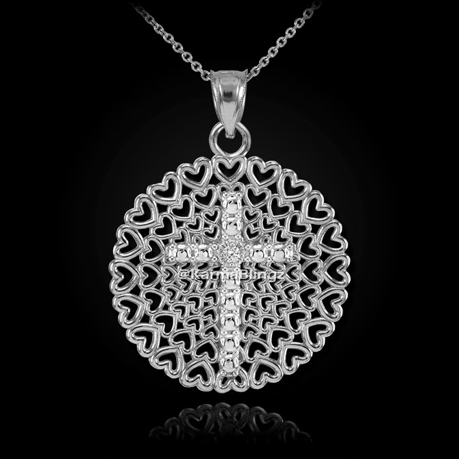 Sterling Silver Filigree Heart Cross CZ Pendant Necklace