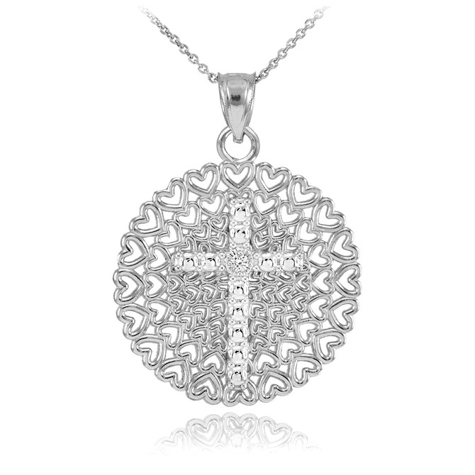 Sterling Silver Filigree Heart Cross CZ Pendant Necklace