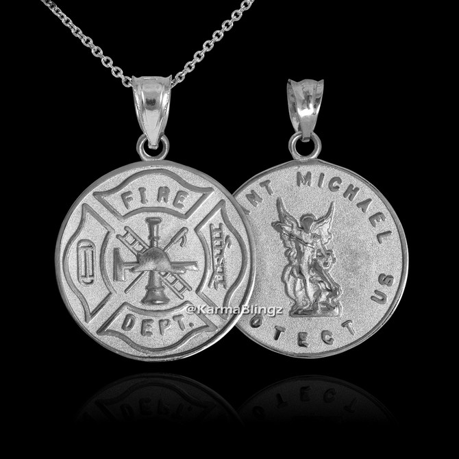 Sterling Silver Firefighter Medal Reversible St. Michael Pendant Necklace