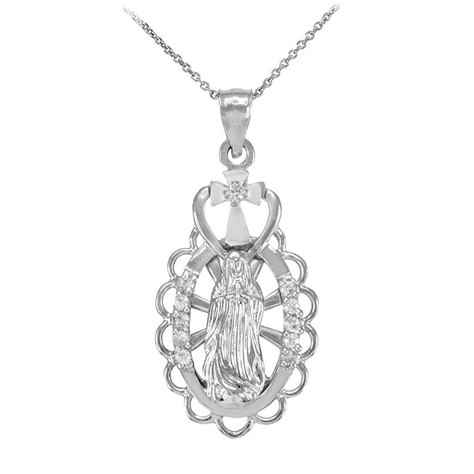 Sterling Silver Virgin Mary Guadalupe CZ Pendant Necklace