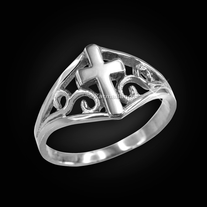 Sterling Silver Filigree Cross Ladies Ring