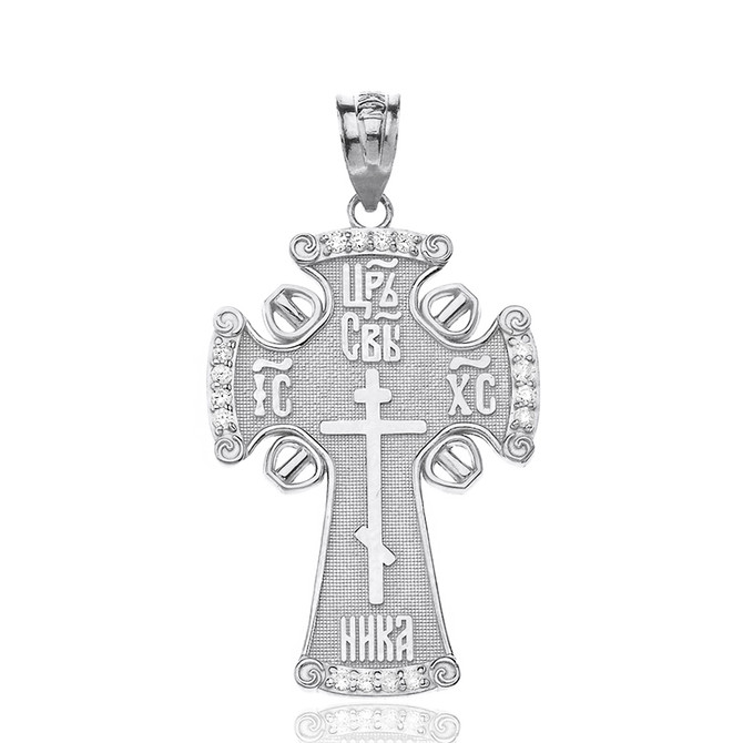 Sterling Silver Russian Orthodox Cross CZ Pendant Necklace