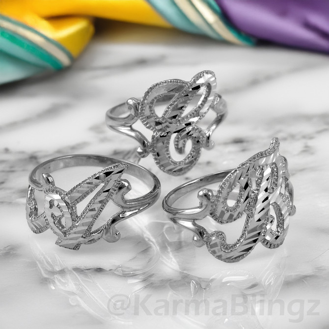 Sterling Silver Sparkle-Cut Letter Initial Script Ring