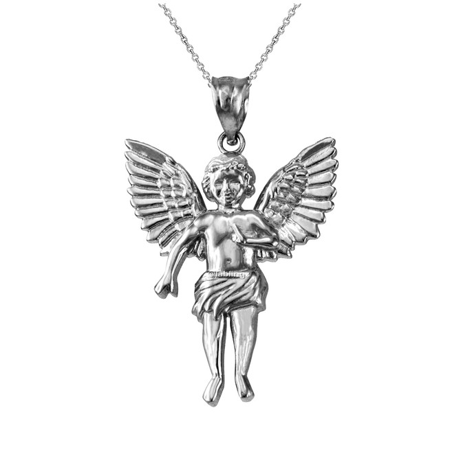 Sterling Silver Cherub Guardian Angel Pendant Necklace (L)
