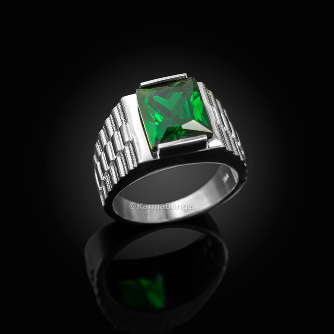 Sterling Silver Mens Square CZ Birthstone Watchband Ring