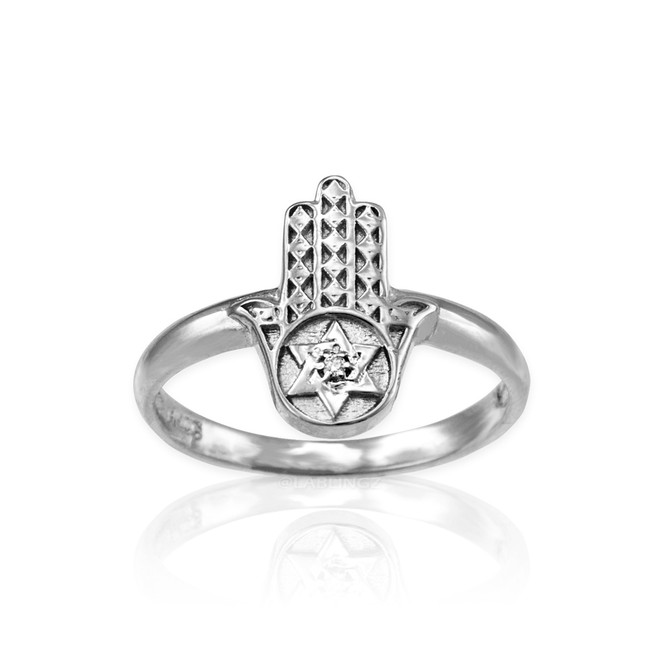 Sterling Silver Hamsa Star of David Diamond Ring