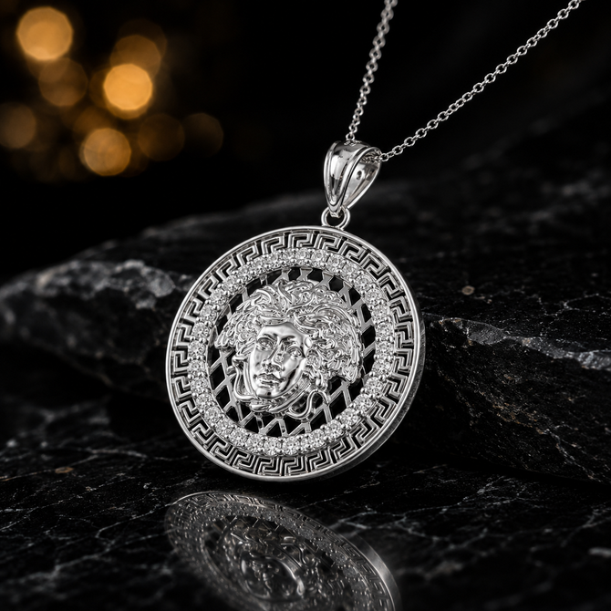 Sterling Silver  Medusa CZ Medallion Pendant Necklace