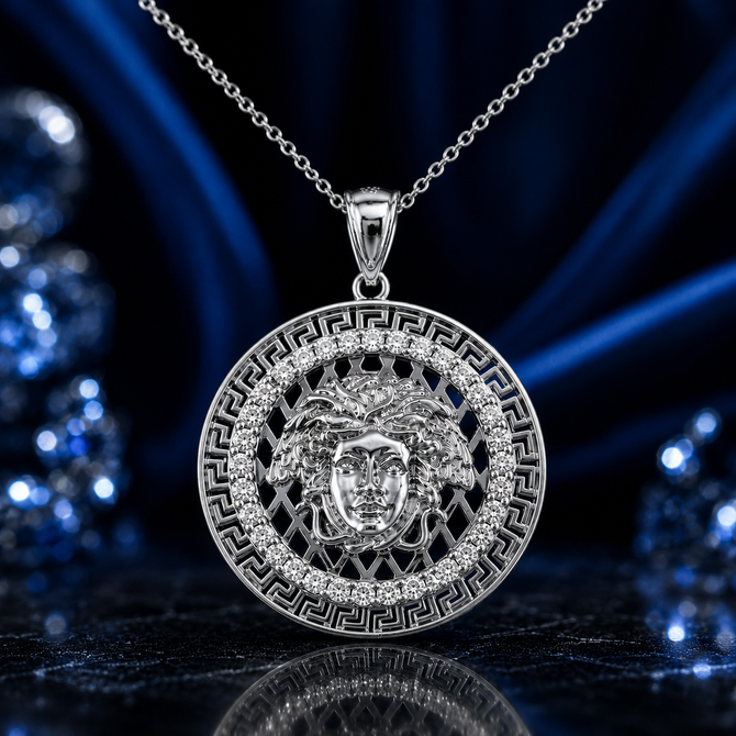 Sterling Silver  Medusa CZ Medallion Pendant Necklace