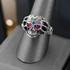 Oxidized Sterling Silver Skull Ring Skeleton Hands Red CZ Eyes Multicolor CZ Stones