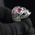 Bold Sterling Silver Sugar Skull Statement Ring with Multicolor CZ Red and Pirate Black Eye Patch Stones