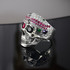 Bold Sterling Silver Sugar Skull Statement Ring with Multicolor CZ Red and Pirate Black Eye Patch Stones