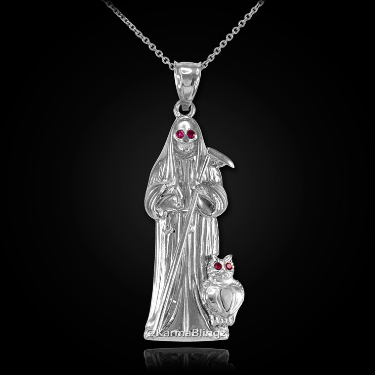 Sterling Silver Santa Muerte Owl Red CZ Pendant Necklace