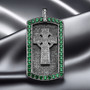 Solid Sterling Silver Celtic Cross Luxury Dog Tag Pendant with Green and Clear CZ Stones