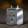 Solid Sterling Silver Armenian Cross Dog Tag Pendant with Purple and Yellow CZ Stones