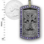 Solid Sterling Silver Armenian Cross Dog Tag Pendant with Purple and Yellow CZ Stones