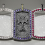 Solid Sterling Silver Armenian Cross Dog Tag Pendant with Purple and Yellow CZ Stones