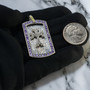 Solid Sterling Silver Armenian Cross Dog Tag Pendant with Purple and Yellow CZ Stones