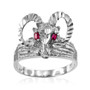 Sterling Silver Rams Head Red CZ Textured Ring