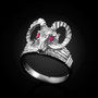 Sterling Silver Rams Head Red CZ Textured Ring