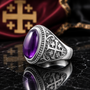 Sterling Silver Jerusalem Cross Amethyst Cabochon Statement Ring
