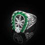 Silver Marijuana Leaf Green CZ Mens Lucky Horseshoe Ring