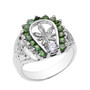 Silver Marijuana Leaf Green CZ Mens Lucky Horseshoe Ring