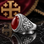 Sterling Silver Jerusalem Cross Red Onyx Gemstone Statement Ring