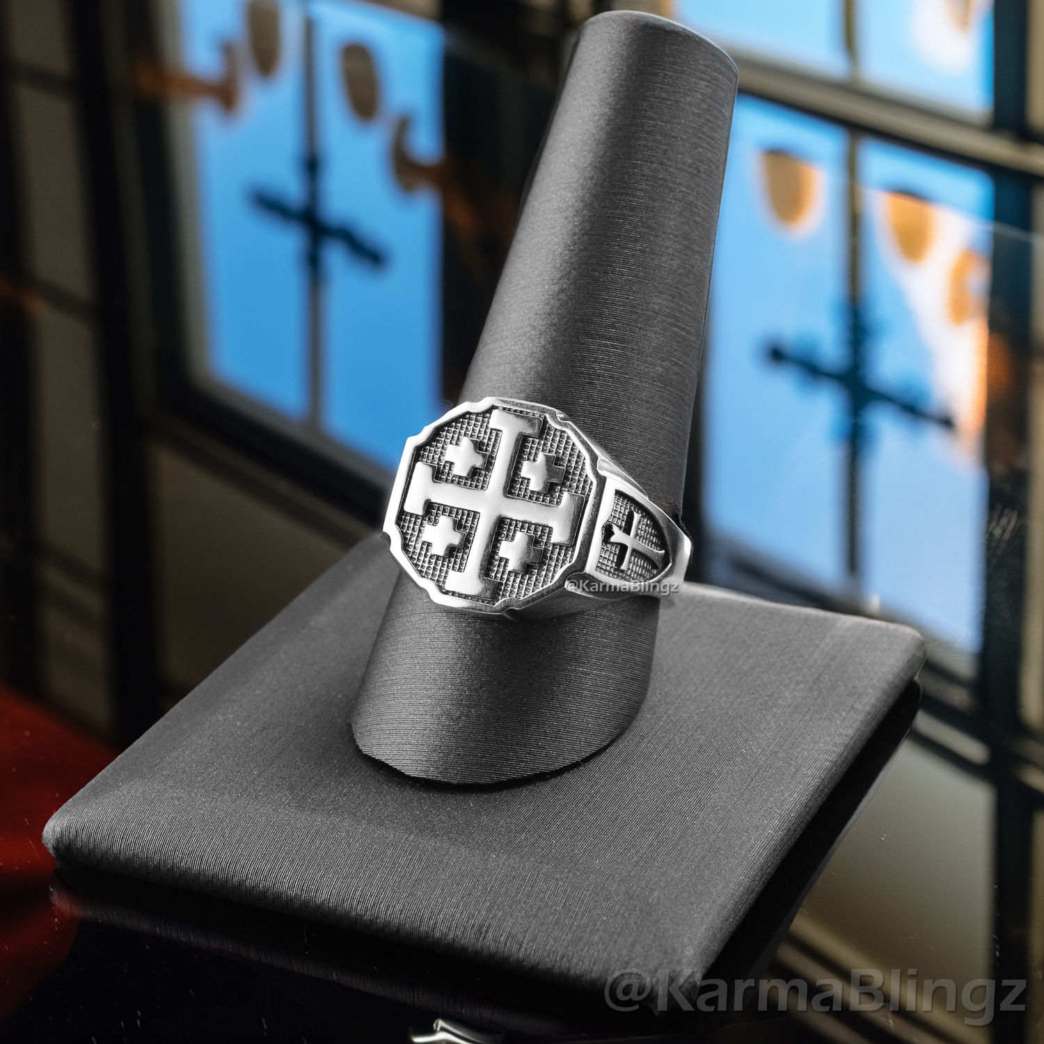 Sterling Silver Jerusalem Cross Octagon Signet Ring