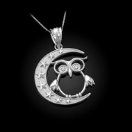 Sterling Silver Night Owl CZ Pendant Necklace