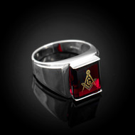 Sterling Silver Freemason Red CZ Square & Compass Masonic Mens Ring