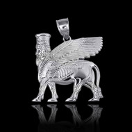 Sterling Silver Ancient Assyrian God Lamassu Winged Bull Pendant Necklace