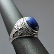 Sterling Silver Fleur de Lis Cross Lapis Lazuli Oval Gemstone Ring