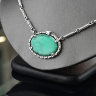 Silver Ouroboros Tail-Biting Snake Coiled Chain Necklace with Oval Turquoise Gemstone