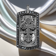 Solid Sterling Silver Russian Cross Dog Tag Pendant with Black and Clear CZ Stones