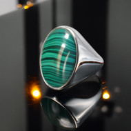 Polished Sterling Silver Green Malachite Gemstone Bold Statement Ring
