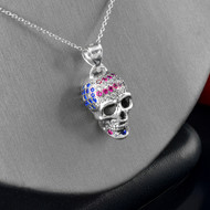 Handcrafted Sterling Silver Skull 3D Pendant With USA Flag CZ Colors Patriotic Design