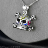 Sterling Silver 3D Skull and Crossbones Pendant Gothic Sugar Skull Necklace with Multicolor CZ Floral Accents Unisex