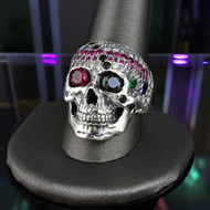 Bold Sterling Silver Sugar Skull Statement Ring with Multicolor CZ Red and Pirate Black Eye Patch Stones