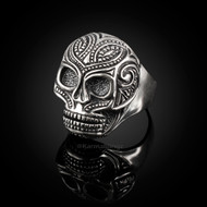 Solid Sterling Silver Santa Muerte Sugar Skull Mens Ring