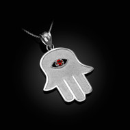 Sterling Silver Hamsa Red CZ Evil Eye Pendant Necklace