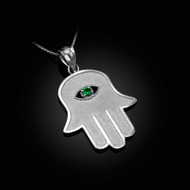 Sterling SIlver Hamsa Green CZ Evil Eye Pendant Necklace