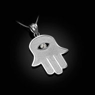 Sterling SIlver Hamsa Clear CZ Evil Eye Pendant Necklace