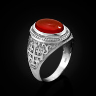 Sterling Silver Jerusalem Cross Red Onyx Gemstone Statement Ring