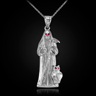 Sterling Silver Santa Muerte Owl Red CZ Pendant Necklace